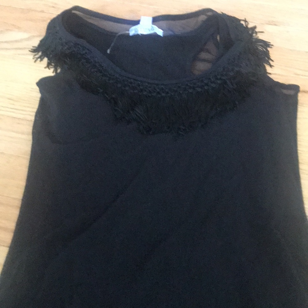 Vivienne Tam Black Sleeveless Fringe-Neck Tank Top